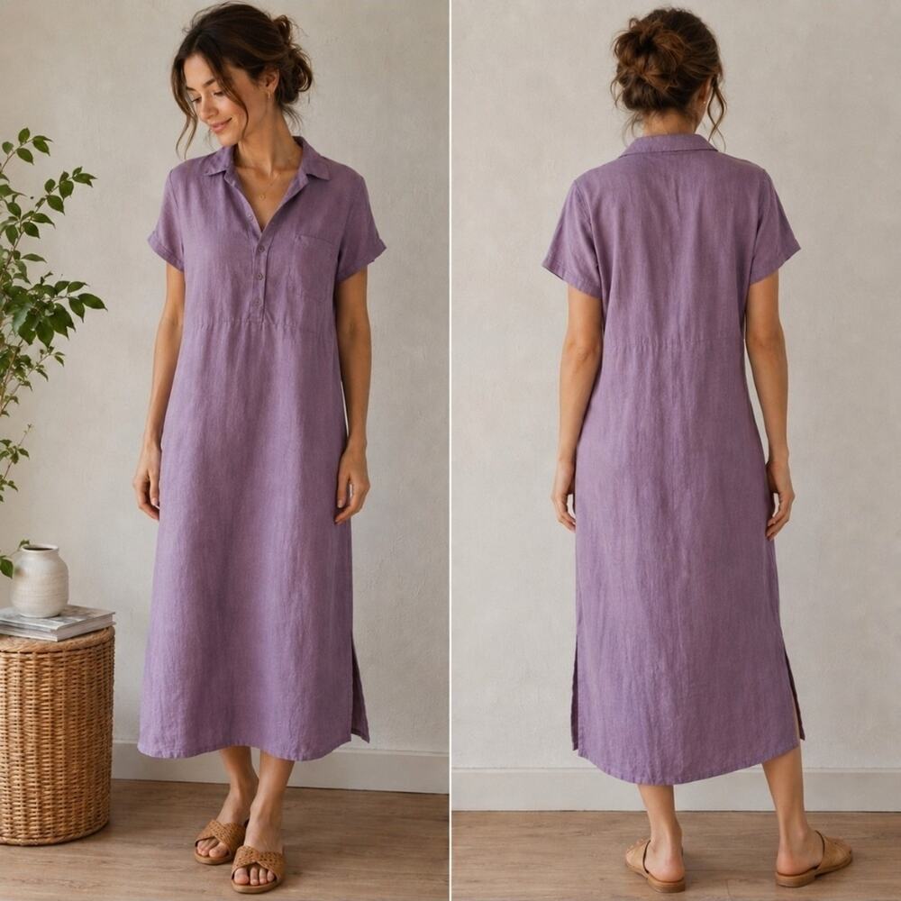 100% Linen Lavendar Purple Sz 16 Short Sleeve Midi Pocket Dress Beachy Lagenlook